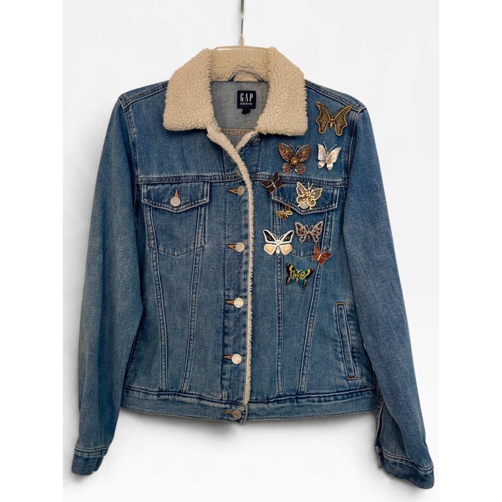 GAP One of a Kind Sherpa Denim Jacket Large Custom Butterfly Brooch Lot Monet - Picture 2 of 8